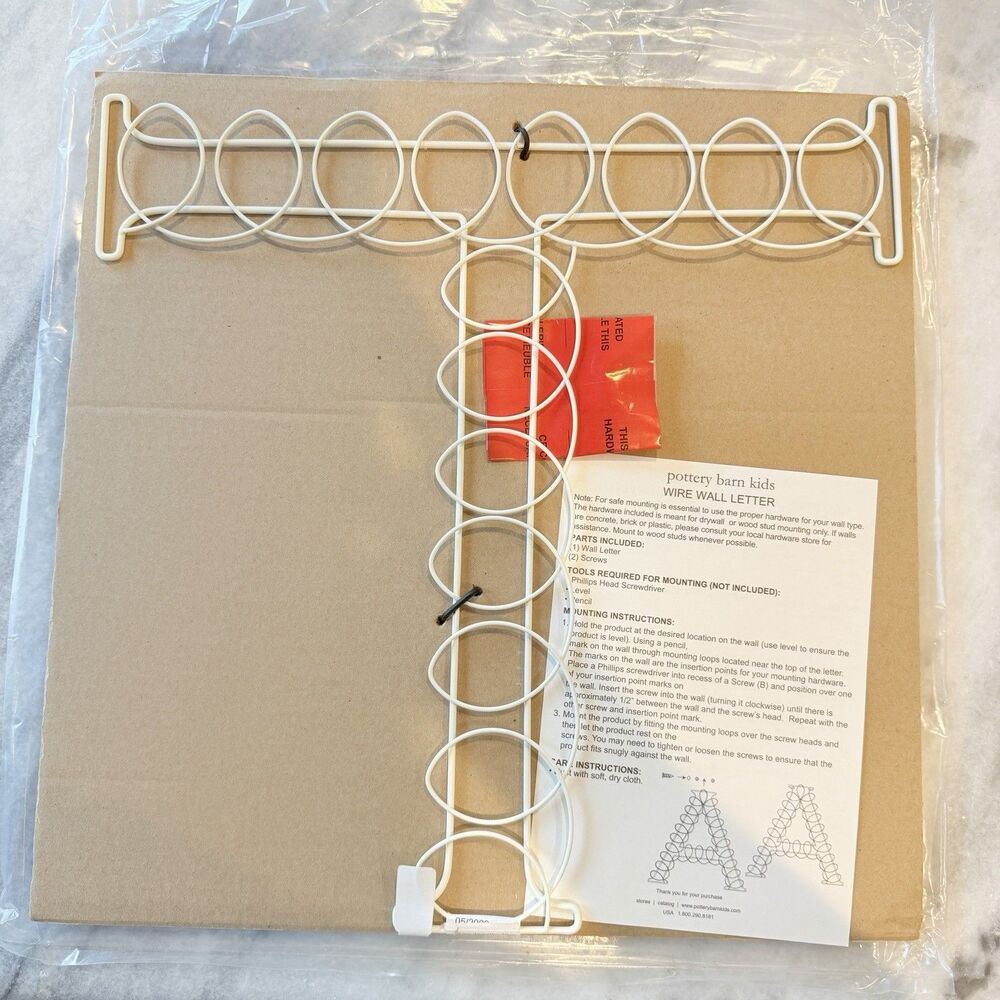 Pottery Barn Kids 14” White Wire Wall Letter T Decor New W/ Hardware